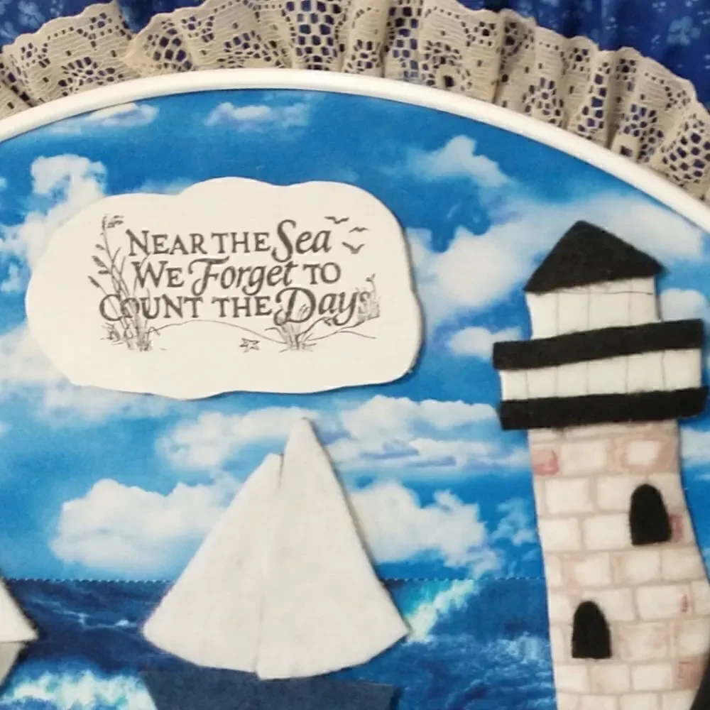 Vtg‎ Handmade Beach Wall Art Near The Sea Quilted Shells Lighthouse Beach House.